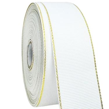 Imagem de AEVORA Fita de gorgorão de 3,8 cm com bordas douradas, fita de tecido de 20 metros para artesanato, decoração de casamento, laços de cabelo, lembrancinha de festa, arranjos de flores (branco 29)