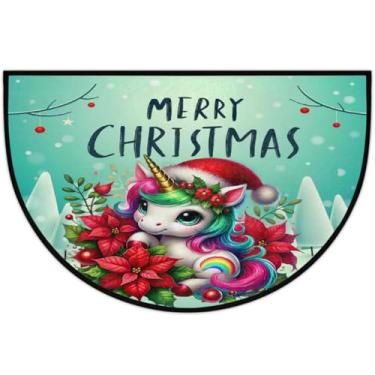 Imagem de Tapete de porta meio redondo, verde, Natal, unicórnio, antiderrapante, absorvente, semicírculo, tapetes laváveis, meia lua, tapetes para ambientes internos, pátio, cozinha, banheiro, entrada, lareira