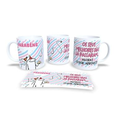 Imagem de Caneca Cerâmica Decorativa Parabéns Amiga, Design Listrado Pastel com Ilustrações, 325ml, Presente para Aniversário (17910)