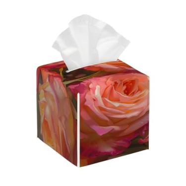 Imagem de Suporte quadrado de couro para caixa de lenços de papel à prova d'água pintura rosa primavera organizador de papel facial com cinto inferior cubo estojo de lenços para mesa, banheiro, escritório, mesa