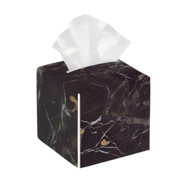 Imagem de Suporte quadrado de couro para caixa de lenços de papel, impermeável, preto, mármore abstrato, organizador de papel facial com cinto inferior, estojo de lenços para mesa, banheiro, escritório, mesa