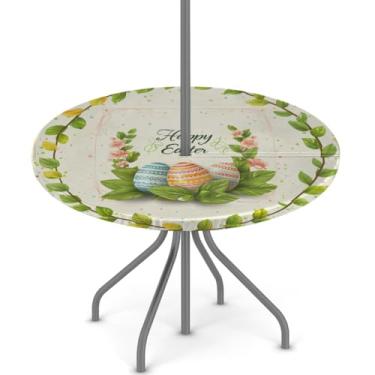 Imagem de hongjinglin Toalha de mesa de Páscoa para uso ao ar livre com orifício para guarda-chuva, toalha de mesa redonda elástica com zíper, impermeável, limpável, para piquenique, festa, pátio, serve para