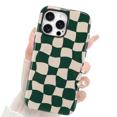 Imagem de Fiyart Capa projetada para iPhone 16 Pro Max, linda estampa de xadrez estética moderna compatível com MagSafe xadrez para mulheres e meninas, capa rígida à prova de choque de 17,5 cm, xadrez verde