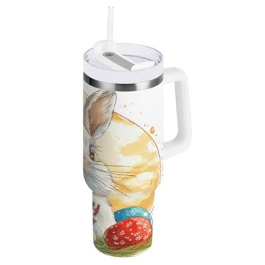 Imagem de ATTX Copo de coelho fofo da Páscoa de 850 g com alça, copo de aço inoxidável a vácuo de parede dupla com palha, caneca de café de viagem isolada #105