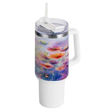 Imagem de xigua Copo vintage de flores silvestres de 1,134 g com alça e canudo, aço inoxidável duplo isolado a vácuo garrafa de água suporte de copo de garrafa de água amigável à prova de vazamento copo de