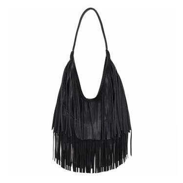 Imagem de OOAAVVJL Bolsa de ombro pequena de couro com franjas, bolsas Hobo para mulheres, bolsas transversais, vintage, bolsa de mão com borla ocidental, Preto