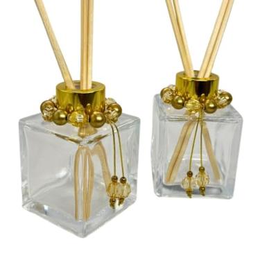 Imagem de Kit 06 Frascos de Vidro Cubo 100ml para Difusor de Aromas com Tampas Luxo, Pingentes Decorativos e Varetas(DOURADO)