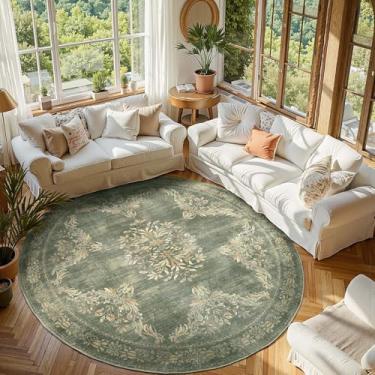 Imagem de jinchan Tapete redondo de 2 metros, design vintage floral envelhecido, lavável na máquina, macio, antiderrapante, tapete circular ultrafino para sala de estar, sala de jantar, quarto, escritório em