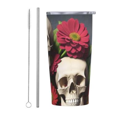 Imagem de Zeraoke Caneca de aço inoxidável com estampa de caveira e flor, 590 ml, caneca de canudo de carro, mantém as bebidas frias para escritório, casa, funciona muito bem para bebidas geladas, bebidas