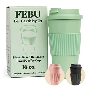 Imagem de FEBU Copo de café reutilizável à base de plantas com tampa e manga | 473 ml, verde sálvia | Caneca de viagem portátil feita de bambu | Pode ser lavada na lava-louças, sem desperdício, sem plástico com