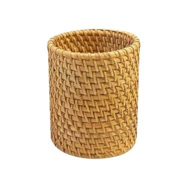 Imagem de GSHLLO Cesto redondo de vime, porta-lápis, boho, rattan, pequeno organizador de escritório, copo de armazenamento, pincéis de maquiagem, organizador de armazenamento para casa