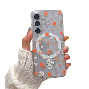 Imagem de EYZUTAK Capa magnética para Samsung Galaxy A35 5G/A55 5G capa de flor compatível com MagSafe, bonita floral estética capa protetora transparente antiamarelamento para meninas e mulheres - laranja