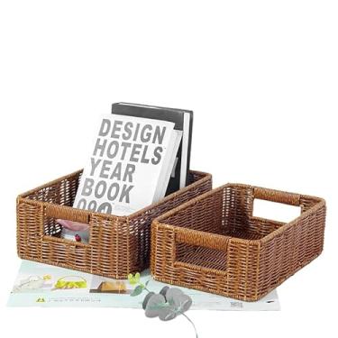 Imagem de Cestas organizadoras de vime de imitação (conjunto de 2) | Cestas de armazenamento para prateleiras | Cesta de armazenamento de vime | Cesta de banheiro | Design de alça | Estilo rústico | 100% tecido