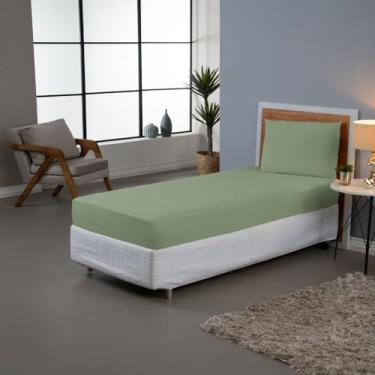 Imagem de Jogo de Lençol Solteiro, 2 Peças, Percal 180 Fios, 80% Algodão/20% Poliéster, com Elástico, Liso, 1,88m x 88cm x 30cm, Inclui Fronha 70cm x 50cm (Verde Cana)