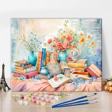 Imagem de TUMOVO Kit de pintura por números para adultos iniciantes natureza morta por número 40,6 x 50,8 cm, pintura DIY em tela com pincéis e tintas acrílicas para decoração de casa, livros e arte de flores