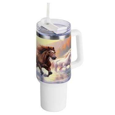 Imagem de Kigai Copo de 1,134 g com tampa e canudo, copo de aço inoxidável durável à prova de vazamento de cavalos de corrida com alça, garrafas de água à prova de derramamento para viagens