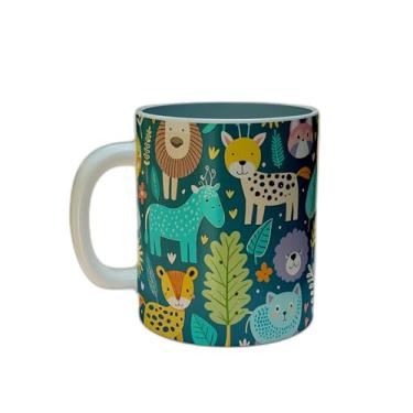 Imagem de Caneca Xícara de Café Porcelana 300ml com Design de Coelhinhos e Flores em Fundo Rosa