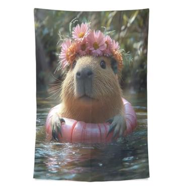 Imagem de STAYTOP Tapeçaria linda capivara usando um anel de natação tapeçarias de parede para decoração de casa decoração de dormitório sala de estar quarto tapete de parede (90 × 60 pol)