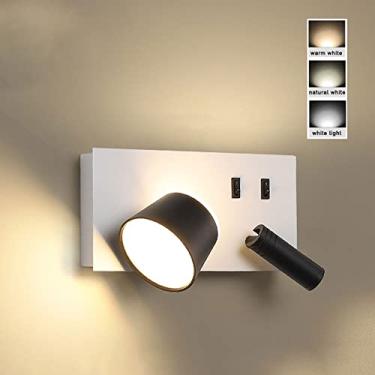 Imagem de Aplique de parede de cabeceira branco com rotação de 360°, 3 posições, luminária de parede LED luminosa com 2 interruptores, ajustável para leitura, 7W+3W, luminária de parede em alumínio.