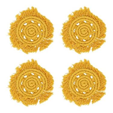 Imagem de CUOFYUNL 4 unidades de porta-copos de algodão macio leve cor sólida redondo tapete trançado anti-escaldamento com borla para batom pote tigela xícara de café (Amarela)