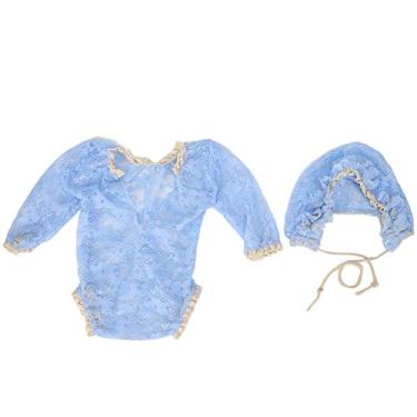 Imagem de Ainoli Macacão para fotografia de bebê, adereços para fotos, chapéu, roupa de renda, conjunto de fantasia para recém-nascido (Azul claro)