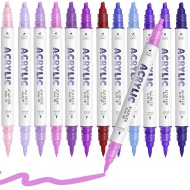 Imagem de Diyeever Canetas de tinta acrílica roxa, à base de água, 12 cores, marcadores de tinta acrílica de ponta dupla para pintura de rocha, madeira, vidro, cerâmica, tela, tecido, pedra, artesanato faça