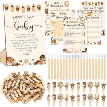 Imagem de Patelai Conjunto de 5 jogos de chá de bebê com tema de café, 321 peças, inclui chá de bebê, preço é certo, adivinhe quem mamãe ou papai previsão de palavras e desejos de felicidade, não diga as