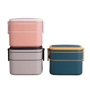 Imagem de Marmita portátil de duas camadas anti-vazamento e compatível com micro-ondas função térmica(quadrado,rosa)