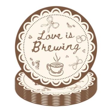 Imagem de JarThenaAMCS 50 peças de pratos de papel Love is Brewing, pratos redondos descartáveis, 18 cm, decorativos, marrom, café, mesa, prato de sobremesa, para casamento, noiva, chuveiro, festa de