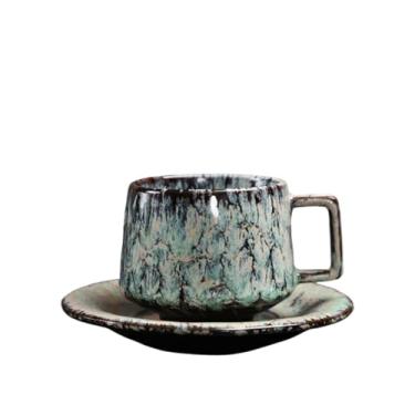 Imagem de Caneca de chá Conjunto de xícara e pires café verde, caneca cerâmica retrô grés Xícaras de café