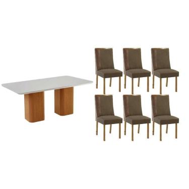 Imagem de Sala Jantar Mesa Maldivas Tampo c/ Vidro Curvo 180cm+6 Cadeiras Tilia Madeira Naturale/Off White - Capuccino/Suede Capuccino - Rufato