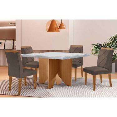 Imagem de Sala Jantar Mesa Nevada Tampo c/ Vidro Curvo 90cm+4 Cadeiras Pietá Madeira Naturale/Off White - Corano Capuccino - Rufato