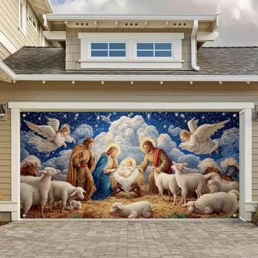 Imagem de HOMETITUTE Banner para porta de garagem de presépio de Natal 33 x 1,8 m Noite Santa Bebê Jesus Anjos Pastores Ovelhas Manjedoura Garagens Pano de Fundo de Natal Religioso Decoração de Porta de Garagem