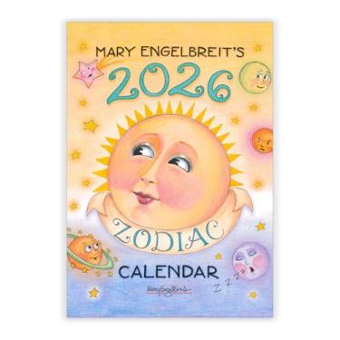 Imagem de Mary Engelbreit Calendário de mesa do zodíaco 2026 – ilustrações do signo do zodíaco de 12 meses, suporte de mesa com seção de notas e encadernação em fio dourado