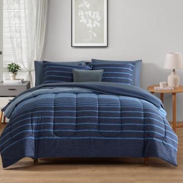 Imagem de Monbix Conjunto de edredom tamanho casal – 7 peças, conjunto de cama casal com listras azul-marinho, conjunto de cama com lençóis, fronhas e fronhas