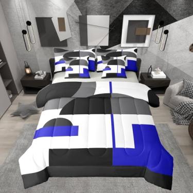 Imagem de Jogo de cama Queen azul escuro, preto, branco, 7 peças, listrado, geométrico, listrado, círculo, para jovens e adultos, moderno, abstrato, com lençol de cima e lençol com elástico