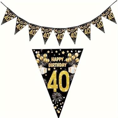 Imagem de 1 conjunto de bandeiras de aniversário galhardetes pretos e dourados com idades numeradas para 18 30 40 50 60 70 sacos de festa decoração de casa, 40
