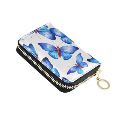 Imagem de Carteira feminina com zíper e bloqueio de RFID, porta-moedas de couro com zíper e chaveiro borboletas azuis brancas