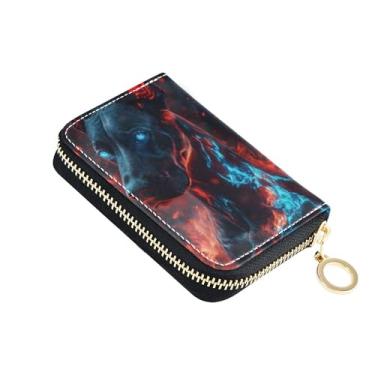 Imagem de Carteira feminina com porta-cartões de crédito com bloqueio de RFID, pequena, com zíper, porta-chaves, fogo, preto, cachorro, legal