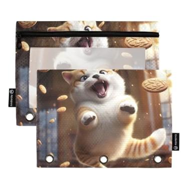 Imagem de GAIGEO Pasta de lápis moderna com 3 argolas para gatos gordos pulando com zíper engraçada, fichário escolar, bolsos transparentes, caneta, 25 x 18 cm, 2 pacotes