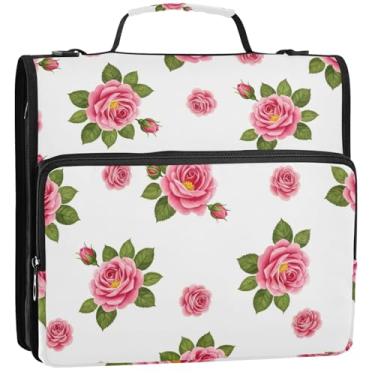 Imagem de Organizador de fichário branco rosa com zíper de 3,8 cm, 3 fichários com alça para escola secundária, portfólio para 500 folhas, 34,5 x 31,5 x 9 cm