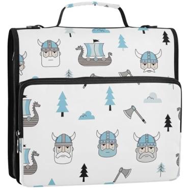 Imagem de Organizador de fichário durável com zíper, fichários de 3 cm, 3 anéis, capacetes viking fofos, resistentes, portfólio, comporta 500 folhas, bolsa de fichário com alça para escola, 34,5 x 31,5 x 9 cm