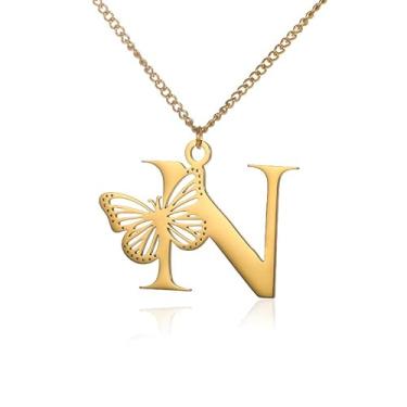 Imagem de BlingNuts Colar com inicial de borboleta para mulheres, pingente de letra dourada, coração, Natal, aniversário, dia dos namorados, presente, F, Aço inoxidável, Sem Pedra Preciosa