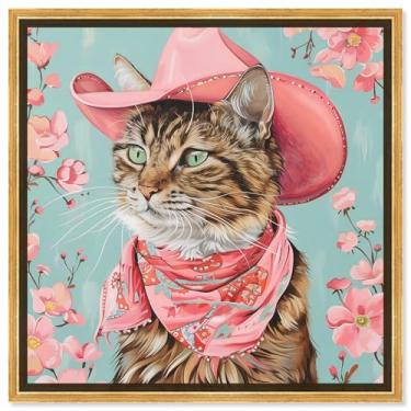Imagem de Art Remedy Tela de gato cowboy rosa arte animal moderna, moldura dourada, 40,6 cm x 40,6 cm