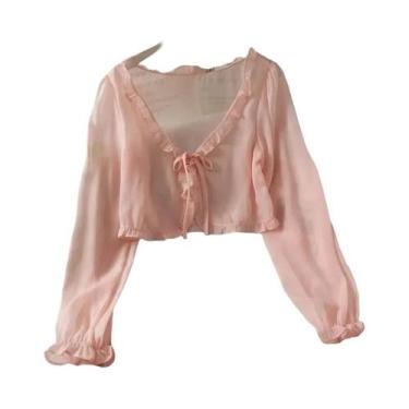 Imagem de Camisa Cardigan Casual Feminina De Verão Com Laço De Renda Fina Para P