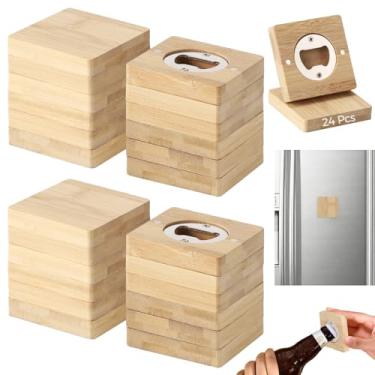 Imagem de Abridor de garrafas de bambu com 24 peças, 6,5 x 1,3 cm, abre-garrafas de madeira em branco, abridores de garrafas personalizados quadrados com bricolagem em branco, adesivo de geladeira adsorvente
