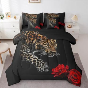 Imagem de Erosebridal Jogo de cama solteiro de leopardo, 7 peças, cama de guepardo em uma bolsa, flor rosa, edredom com lençóis, savana africana
