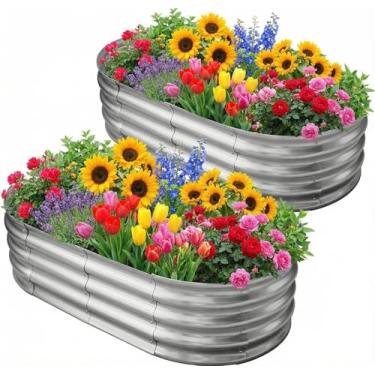 Imagem de Eclaron Canteiro de jardim galvanizado elevado para exterior: Kit de recipiente de plantas vegetais de metal durável de 1,2 x 2,5 m - Caixa oval para jardim e calha de flores (pacote com 2)
