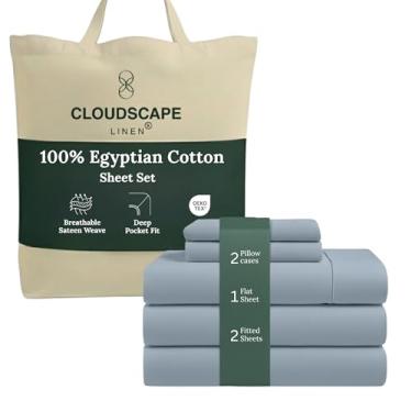 Imagem de Jogo de cama King dividido em algodão egípcio de camada dupla Cloud Scape Linen para cama ajustável – tecido acetinado de fibra longa, conjunto de cama macio de qualidade hoteleira, bolsos profundos