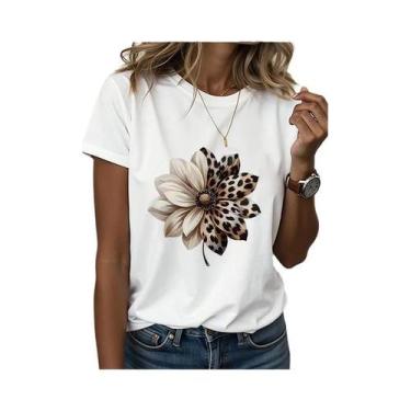 Imagem de Camiseta Feminina Com Estampa De Leopardo E Floral, Gola Redonda, Mang